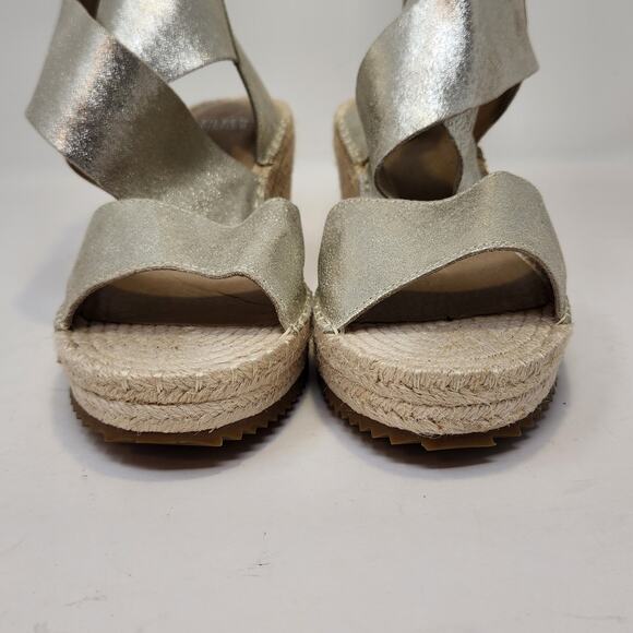 Eileen Fisher Willow Espadrille Wedge Sandals Size 9 Gold Metallic Leather - Picture 3 of 9